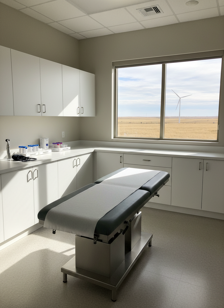 A neatly organized medical exam room focused on a modern examination table with crisp white paper, stainless steel base, and soft gray upholstery, symbolizing proactive primary care. Around it, clean white cabinetry, neatly arranged diagnostic tools, and labeled containers for lab work create a sense of order and readiness. Through a large window, a glimpse of open northeast Colorado plains and a distant windmill anchors the rural setting. Soft, diffused daylight enters from the side, creating gentle shadows and a calm, reassuring atmosphere. Photographic realism, captured at eye level with a slight wide-angle lens, keeps the entire scene in sharp focus, conveying professionalism, cleanliness, and trust in a small-town clinic environment without showing any people.