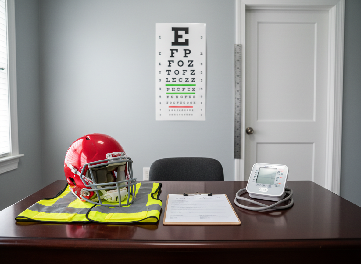 A reflective sports physical and DOT exam setup in a small rural clinic office: a polished wooden desk with a bright red regulation football helmet, a folded high-visibility safety vest, an open clipboard displaying a blank physical exam form, and a digital blood pressure monitor neatly coiled beside it. A Snellen eye chart hangs crisply on a pale gray wall in the background, next to a height measurement ruler fixed to the door frame. Cool, clean overhead lighting combines with faint daylight from a side window, creating soft, controlled shadows and a professional yet approachable feel. Photographic realism, shot from a slightly elevated angle with moderate depth of field, emphasizes preparedness and thorough preventive screening without depicting any individuals.