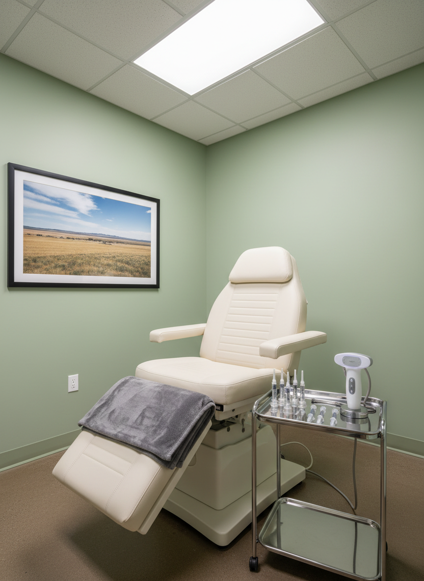 A bright, modern treatment room focused on a reclining medical aesthetic chair in soft cream vinyl, with a neatly folded gray blanket at the foot and a small, gleaming stainless steel tray beside it holding non-surgical facelift tools: sterile syringes with clear safety caps, fine cannulas, and a handheld skin-tightening device. The walls are a soothing sage green, with a large framed landscape photograph of Colorado plains adding a rural touch. Overhead, diffused LED lighting creates even, flattering illumination with minimal shadows, evoking a clean but spa-like atmosphere. Photographic realism, shot from a three-quarter angle with moderate depth of field, emphasizes meticulous organization and high-end, yet approachable, aesthetics in a professional medical setting without human subjects.