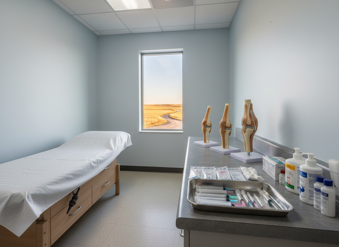 A rugged yet professional joint injection station set up in a small exam room, featuring a cushioned examination table draped with fresh white paper, and a focused arrangement of joint models—knee, shoulder, and elbow—on a nearby counter. A stainless steel tray holds sterile injection supplies, ultrasound gel, and sealed needle packs, all aligned with meticulous precision. Through a narrow window, golden hour light reveals rolling northeast Colorado fields and a gravel road. The room’s overhead lighting is soft but clinical, blending with the warm natural light to create a balanced, confident mood. Photographic realism, framed at eye level with a slight side angle, keeps everything in crisp focus, highlighting evidence-based pain management in a rural clinic context.