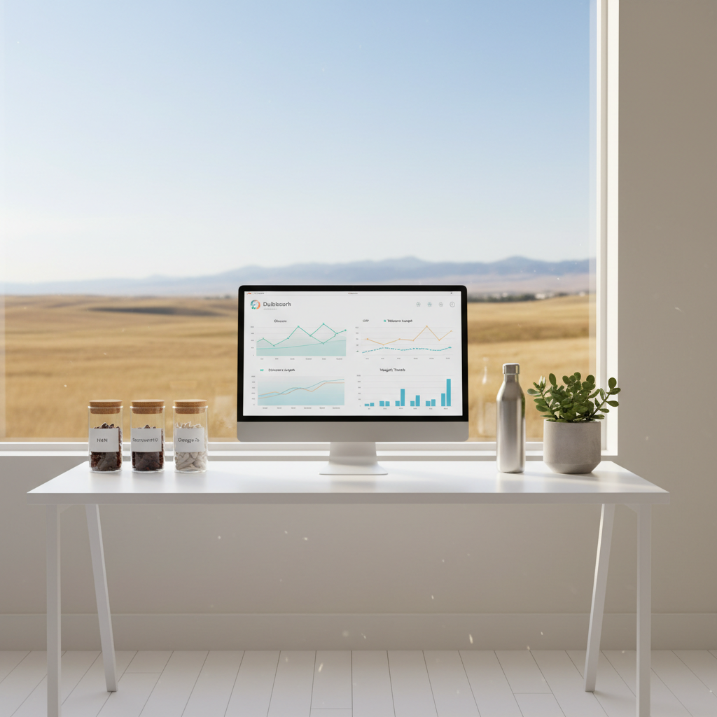 A calming longevity-focused consultation vignette with a minimalist white desk featuring a large computer monitor displaying a clean, colorful longevity health dashboard with graphs of biomarkers and weight trends. Next to it sit three labeled glass jars of supplements, a sleek stainless steel water bottle, and a small potted hardy succulent in a matte concrete planter. Behind the desk, a large window reveals expansive northeast Colorado grasslands under a bright, clear sky. Soft, natural daylight floods the room, bouncing off light walls and creating a serene, optimistic atmosphere. Photographic realism, composed using the rule of thirds with a shallow depth of field that keeps the desk items sharp while softly blurring the landscape, communicates data-informed, proactive health planning in a rural setting.