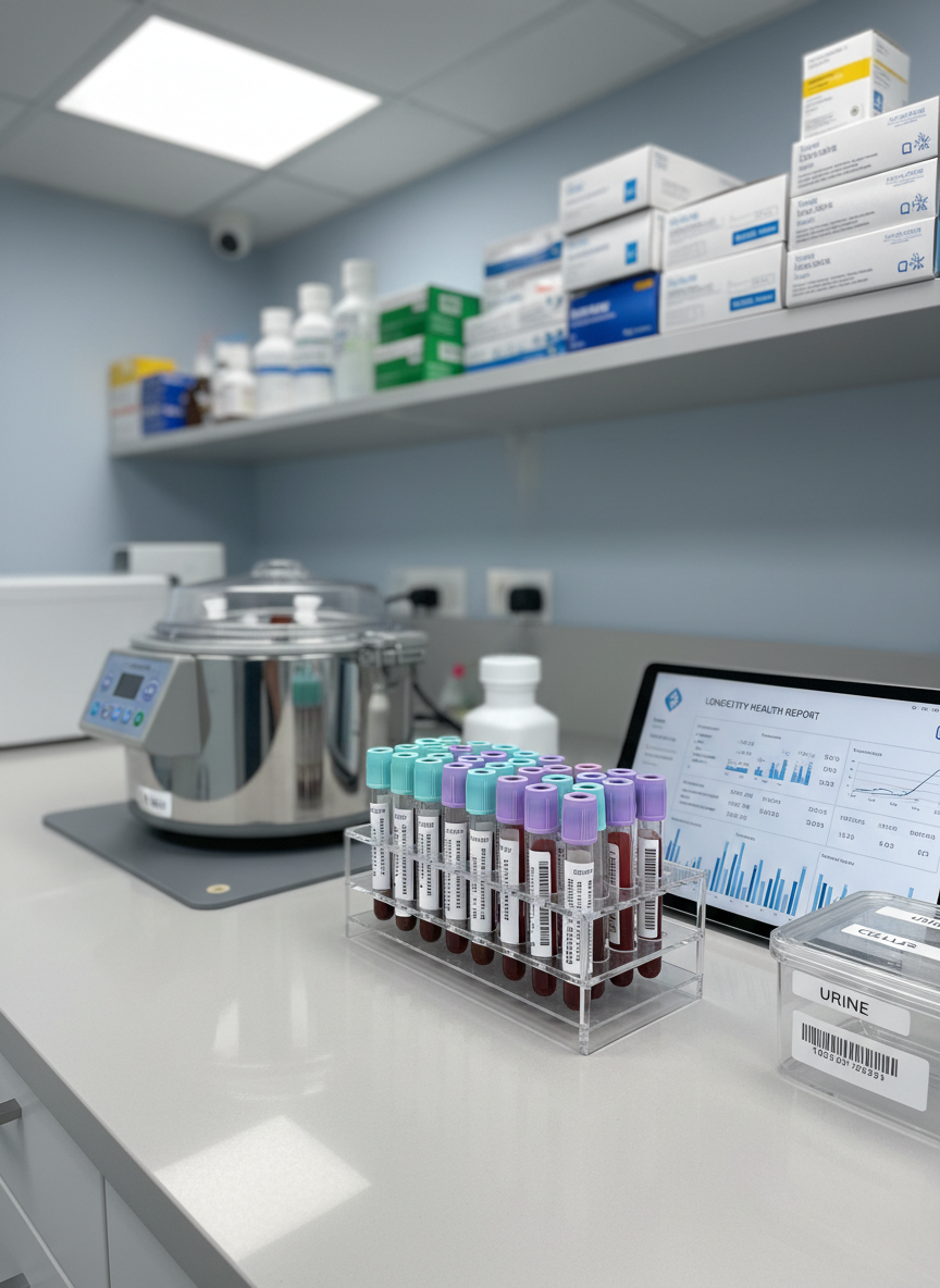 A close-up of a well-lit medical countertop displaying carefully arranged blood collection tubes in varied pastel caps, a sleek centrifuge, labeled specimen containers, and a digital tablet showing a clean lab results dashboard, representing comprehensive lab work for longevity health. The surface is a spotless light-gray solid surface, reflecting subtle highlights from overhead LED panel lights. In the blurred background, shelves hold neatly stacked lab supplies against a pale blue wall. The mood is precise, clinical, and highly organized. Shot in photographic realism from a slightly elevated angle with shallow depth of field, the focus rests on the labeled tubes and tablet screen, emphasizing data-driven, proactive medicine in a modern rural clinic setting.